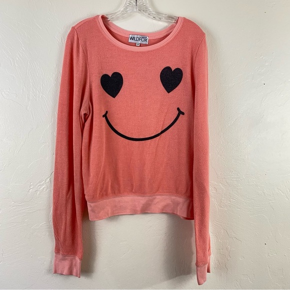 Wildfox Sweaters - Wildfox Size Small Coral Orange Jersey Knit Smiley Graphic Scoop Neck Sweatshirt